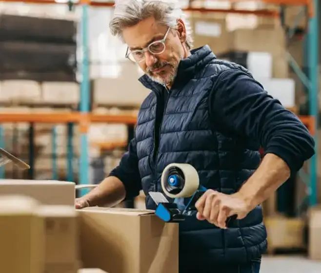Warehouse worker packing boxes for ecommerce order shipping