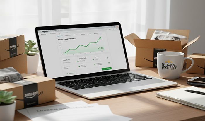 Amazon growth graph on the laptop screen and a cup, amazon products on a table