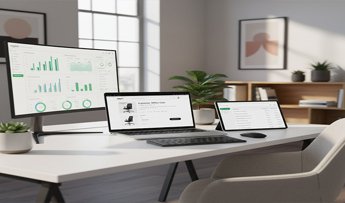 Desk with monitor, laptop, and tablet showing business data.