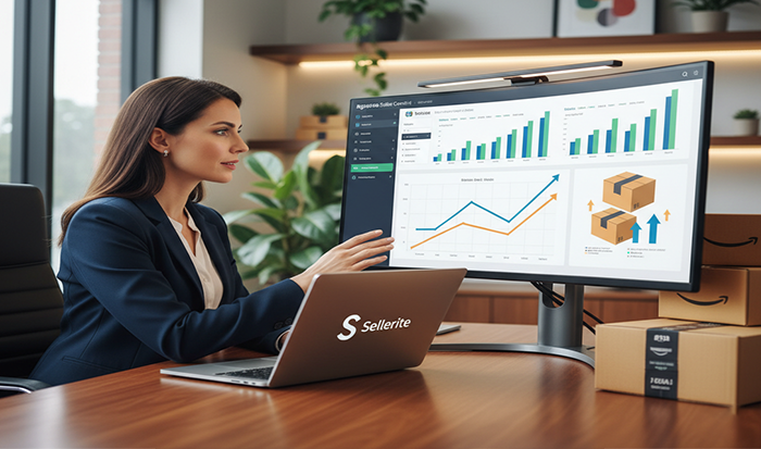 A woman in a business suit working at a desk and a stack of Amazon boxes nearby.