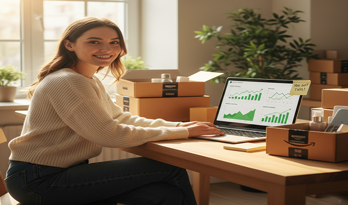 A happy woman with floating green growth charts on a laptop