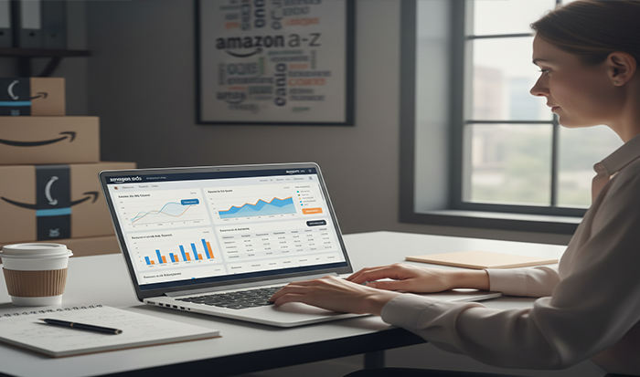 Woman analyzing Amazon seller dashboard with sales analytics