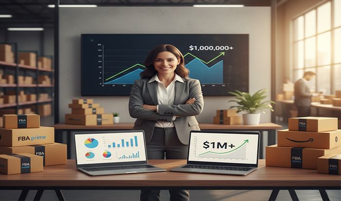 Happy expert with rising growth graph on laptop