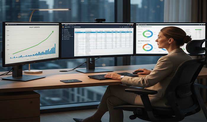 Woman working at a multi-monitor desk tracking profit growth, ad performance and impressions.