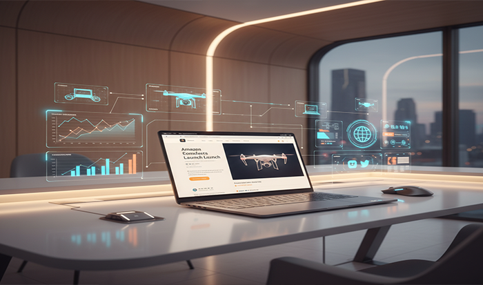 Laptop displaying drone launch data with futuristic digital charts.