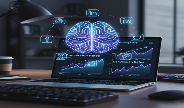 AI brain visual analyzing social media conversion data on laptop
