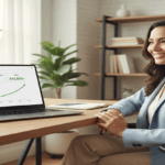 Smiling professional beside laptop showing rising sales performance graph