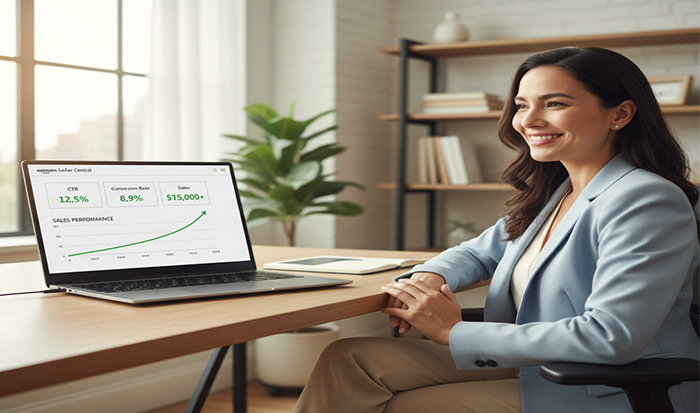 Smiling professional beside laptop showing rising sales performance graph