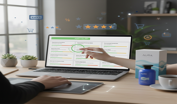 Person interacting with a laptop displaying customer feedback and ratings.