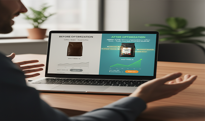 A person analyzing product optimization data on a laptop screen.