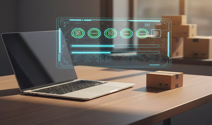 A laptop with a holographic data management interface displayed above it.