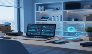 Workspace with AI-generated insights and data analytics on display.