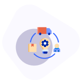Image of headset icon, chat message, and process flow